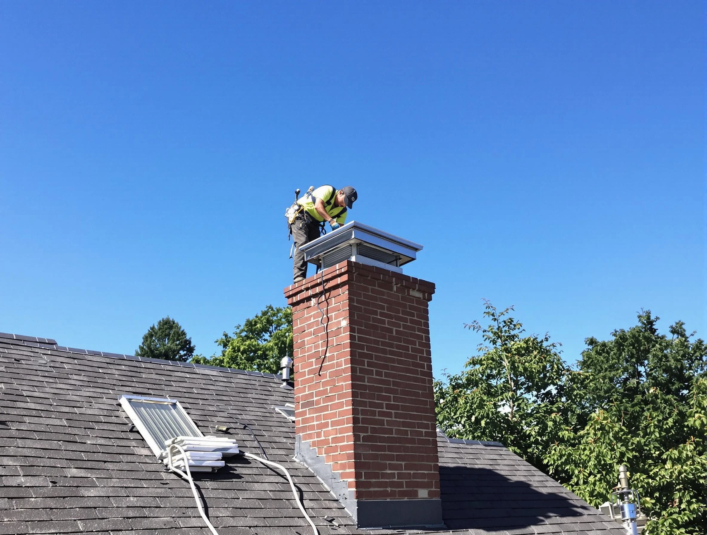 Clifton Chimney Sweep technician measuring a chimney cap in Clifton, NJ